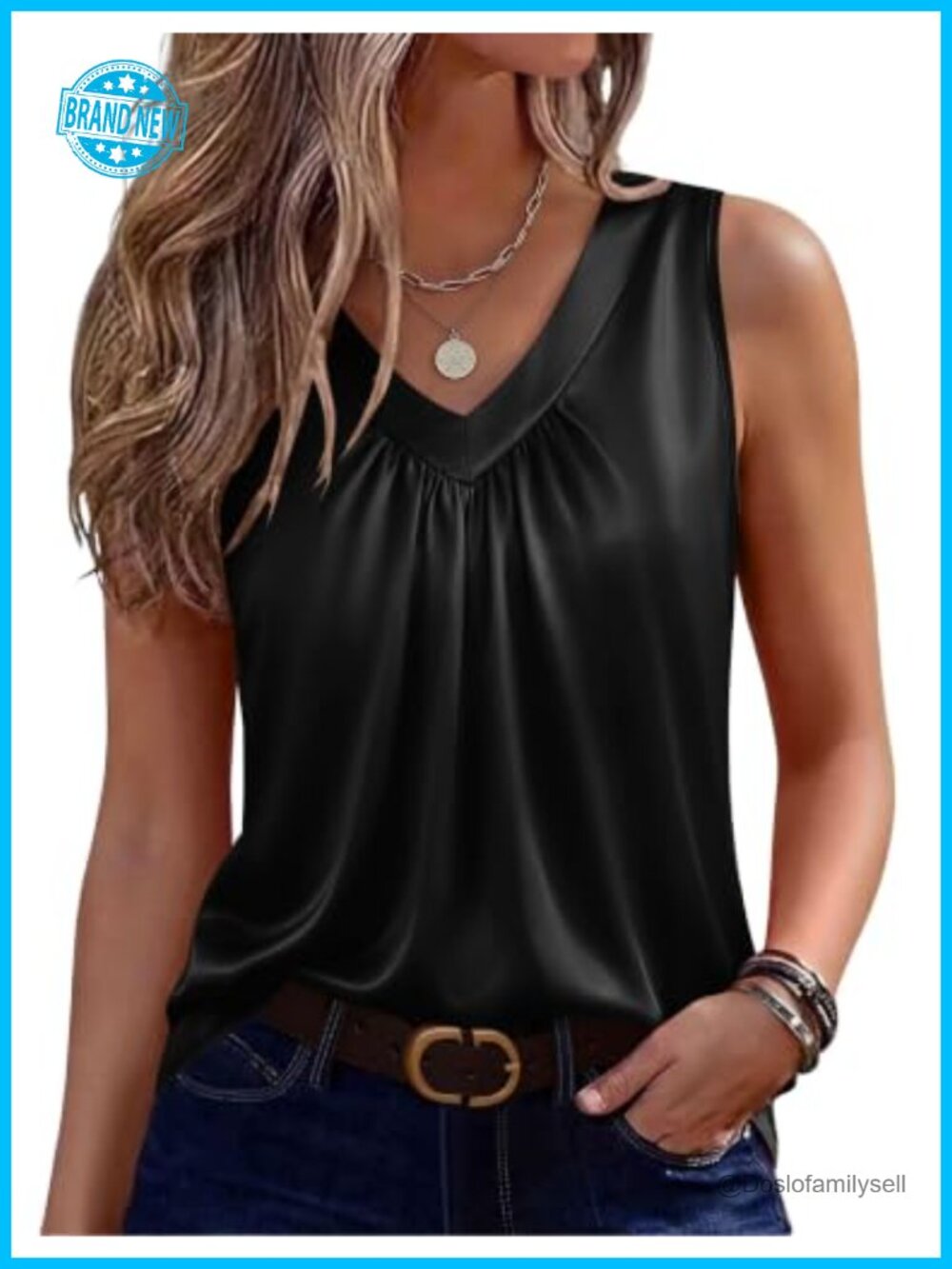 Satin Silk Sleeveless Tank Top V Neck Pleated Blouse